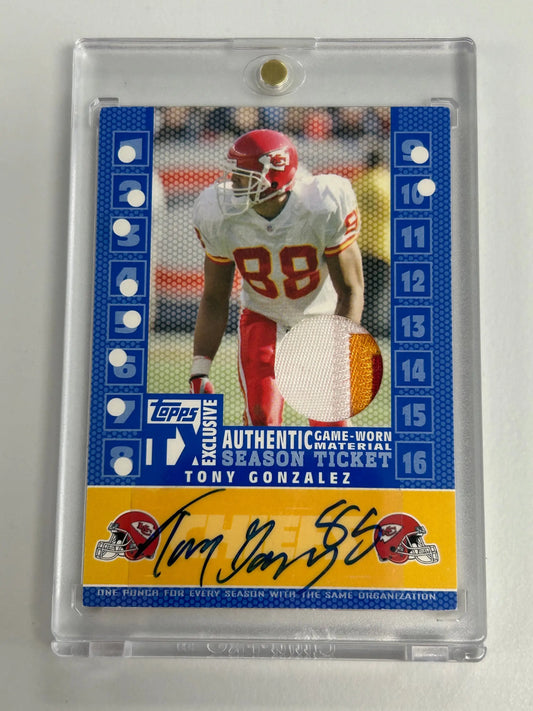 Tony Gonzalez 2007 Topps TX Exclusives Patch Auto trading card with blue border and autograph