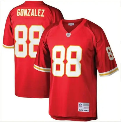 Red Tony Gonzalez Kansas City Chiefs Legacy Replica Jersey with white numbers and gold trim