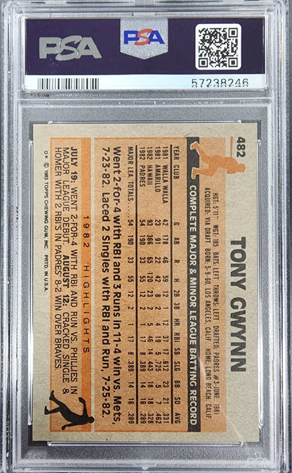 PSA-graded Tony Gwynn 1983 Toops Rookie #482 baseball card with player stats and info