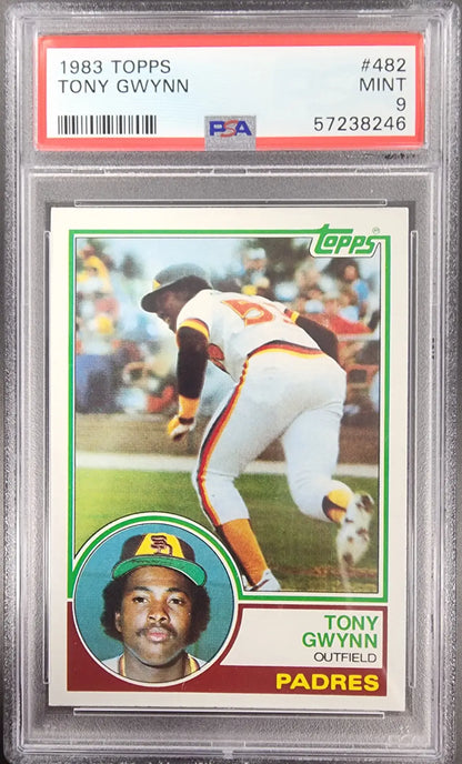 PSA-graded Tony Gwynn 1983 Topps Rookie #482 trading card featuring Padres outfielder