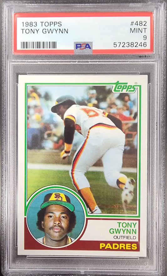 PSA-graded Tony Gwynn 1983 Topps Rookie #482 trading card featuring Padres outfielder