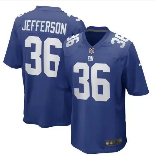Two New York Giants Nike game jerseys featuring Tony Jefferson in royal color