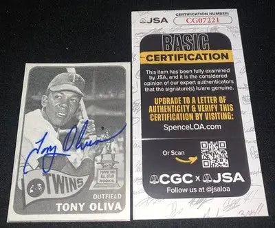 Signed Tony Oliva baseball card with JSA certification, Minnesota Twins memorabilia copy
