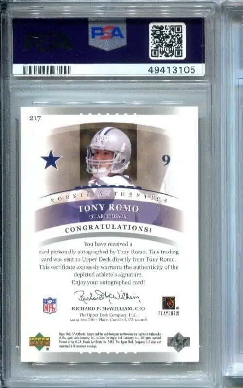 Tony Romo autographed rookie trading card for Dallas Cowboys PSA 10 Gem Mint