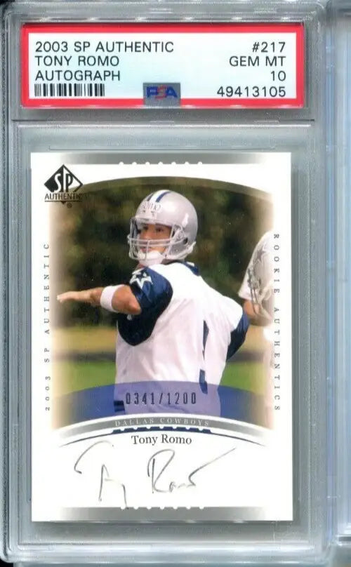 Graded Tony Romo autographed rookie card for Dallas Cowboys trading card collectors