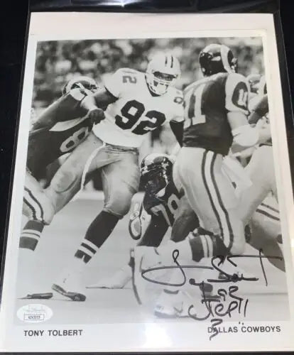 Signed black and white photo of Tony Tolbert, Dallas Cowboys, UTEP inscription