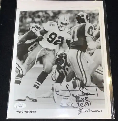 Tony Tolbert signed 1992 Dallas Cowboys black and white photo with UTEP inscription
