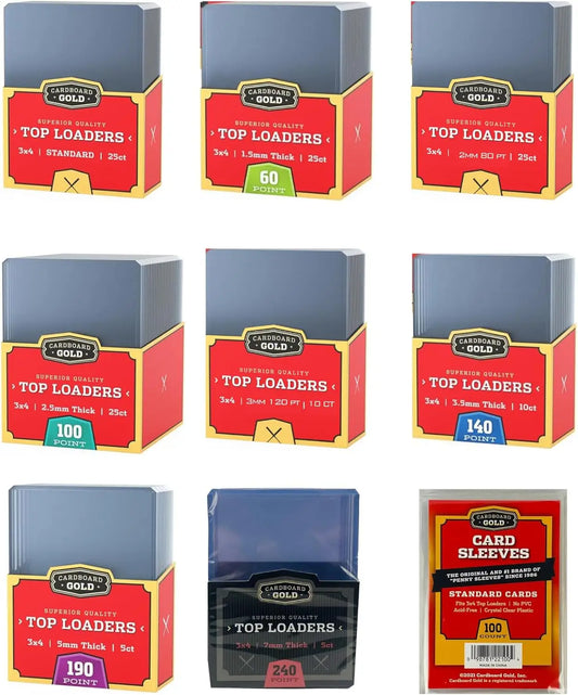 Cardboard Gold card protection products in Toploader Collector Bundle with hard plastic sleeves