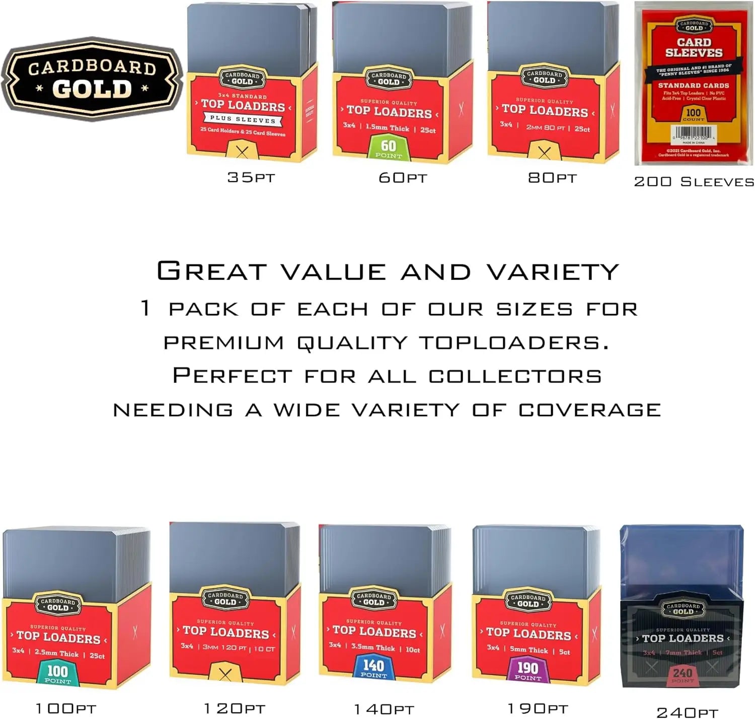 Cardboard Gold toploader variety pack for optimal card protection in hard plastic cases