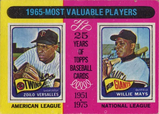 Vintage baseball card featuring 1965 MVPs Zoilo Versalles and Willie Mays from Topps 1975
