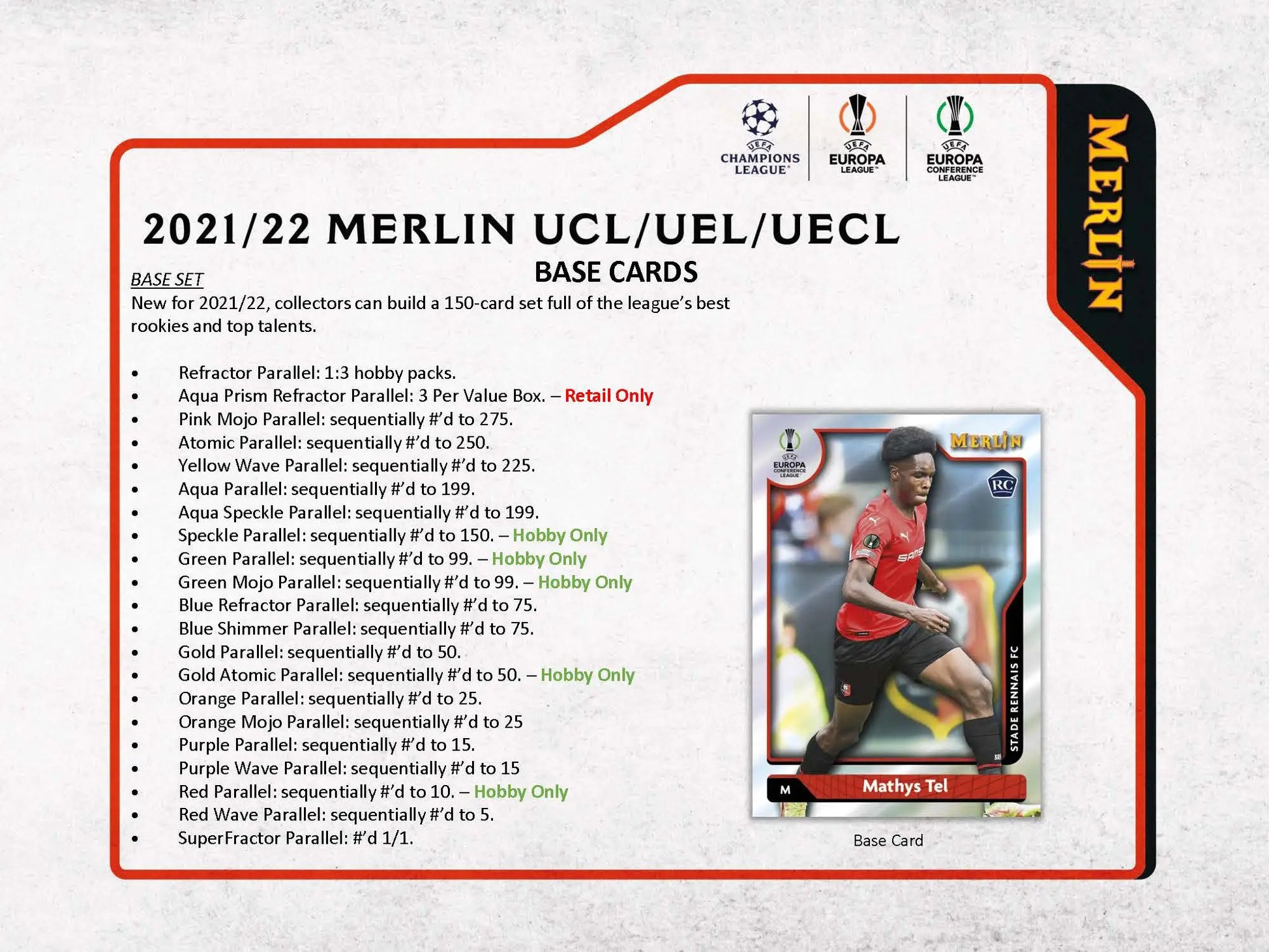 Detailed list of parallel cards and rarity for 2021/22 Merlin UCL/UEL/UECL set in Topps Chrome UEFA Champions League soccer box