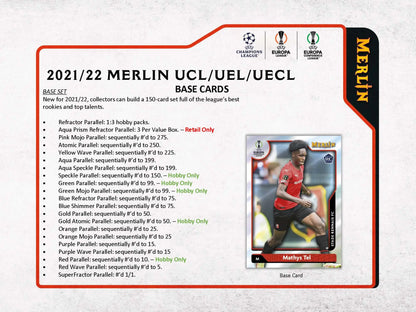 Detailed list of parallel cards and rarity for 2021/22 Merlin UCL/UEL/UECL set in Topps Chrome UEFA Champions League soccer box