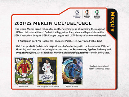 Promotional advertisement for 2021/22 Merlin UEFA Champions League trading cards in hobby box