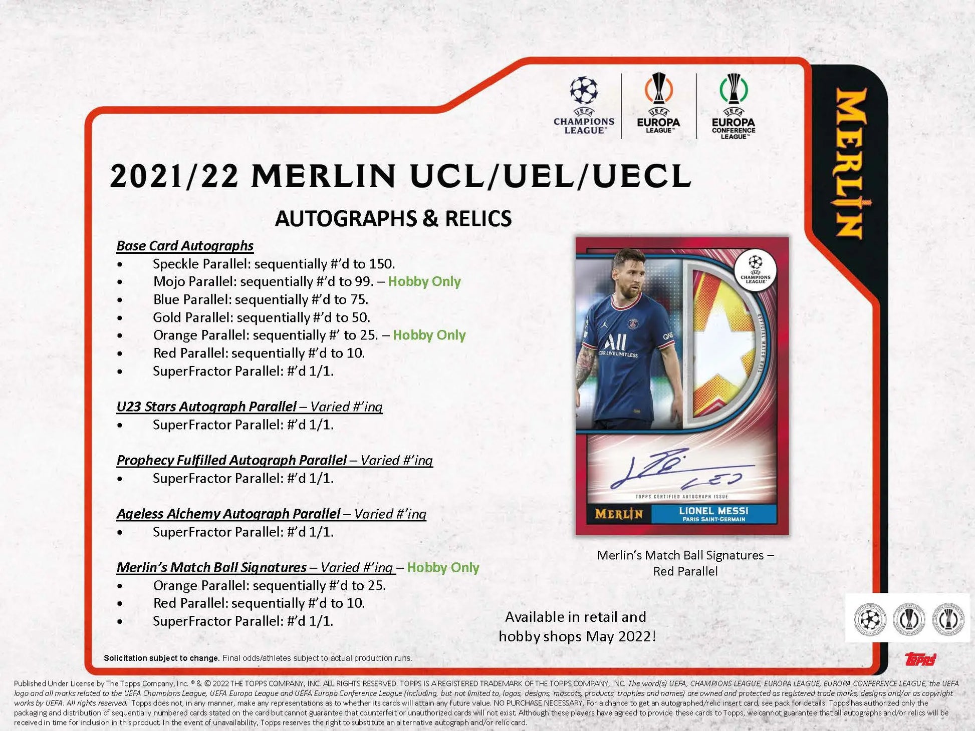 Promotional flyer for Topps 2021-22 Merlin Chrome UEFA Champions League soccer cards featuring Lionel Messi