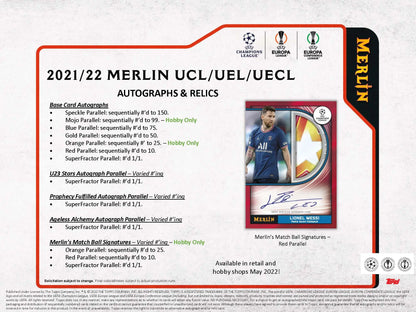 Promotional flyer for Topps 2021-22 Merlin Chrome UEFA Champions League soccer cards featuring Lionel Messi
