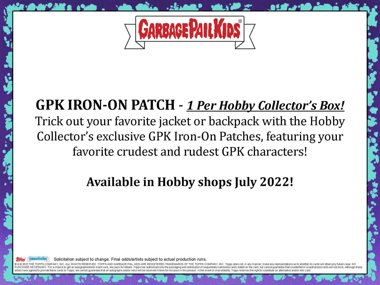 Garbage Pail Kids GPK Iron-on Patch advertisement on Topps 2022 Series 1 Book Worms collector