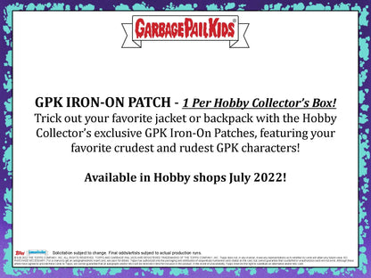 Garbage Pail Kids GPK Iron-on Patch advertisement on Topps 2022 Series 1 Book Worms collector