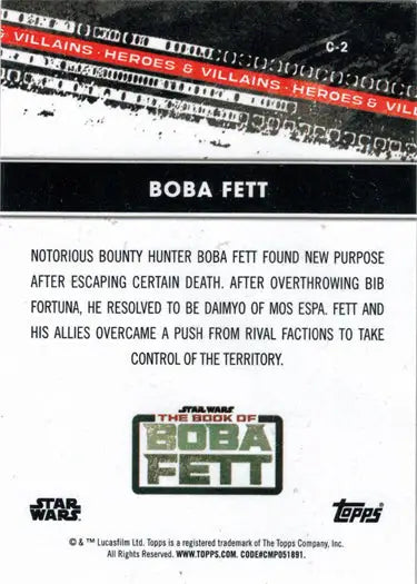 Boba Fett Trading Card featuring descriptive text and logo from Topps 2022 Insert Card