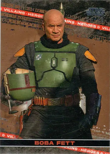 Person in Mandalorian armor with green chest plates and orange shoulder pads on Boba Fett Insert Card