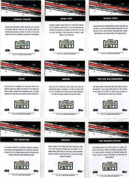 Collection of black and white trading cards in a 3x3 grid featuring Star Wars Boba Fett