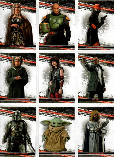 Trading cards collection featuring characters from The Mandalorian in Topps Boba Fett set
