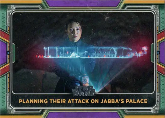 Holographic projection of building layout in blue light on Topps 2022 Boba Fett Purple Parallel Card