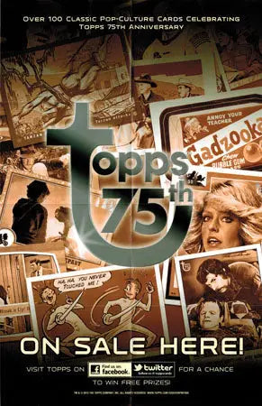 Promotional folded promo poster showcasing Topps 75th anniversary trading cards and pop culture