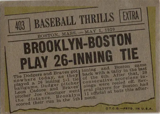 Vintage Topps Baseball 1961 Base Card featuring Brooklyn vs Boston 26-inning tie