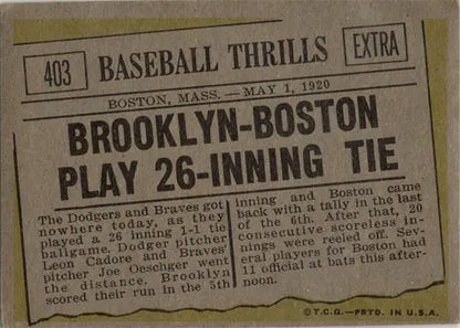 Vintage Topps Baseball 1961 Base Card featuring Brooklyn vs Boston 26-inning tie
