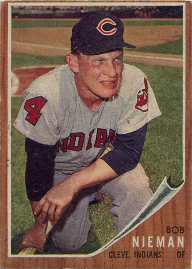 Topps Baseball 1962 Base Card 182 featuring Bob Nieman kneeling in Cleveland Indians uniform
