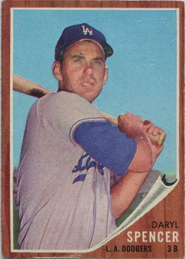 Daryl Spencer Topps Baseball card featuring Dodgers player in batting stance with blue cap