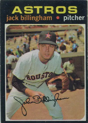 Base card of Jack Billingham, an Astros pitcher in a white uniform and dark cap