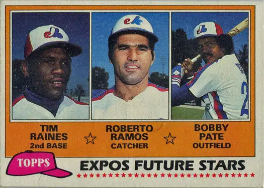 Base card of Montreal Expos Future Stars from Topps Baseball featuring Raines, Pate, Ramos