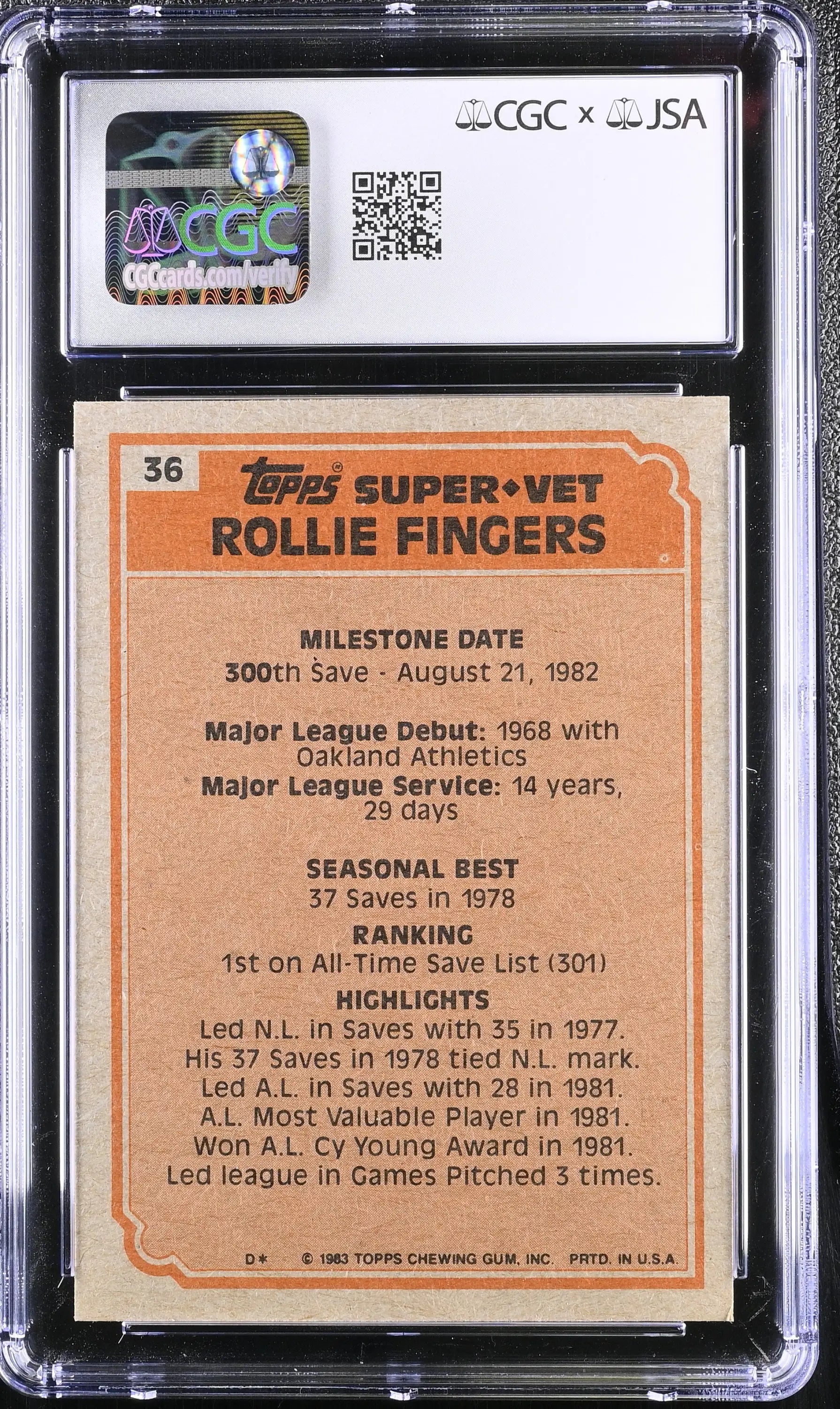 Graded Rollie Fingers Topps Baseball Base Card Autograph CGC 7 Near Mint JSA Signature