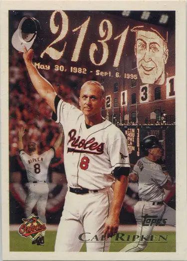 Cal Ripken in Orioles uniform holding number sign on Topps Baseball base card