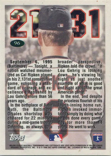 Back of Topps Baseball 1996 Base Card featuring Cal Ripken’s achievements and stats