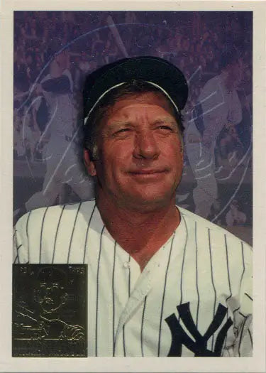 Baseball player in New York Yankees pinstripes for Mickey Mantle Commemorative card
