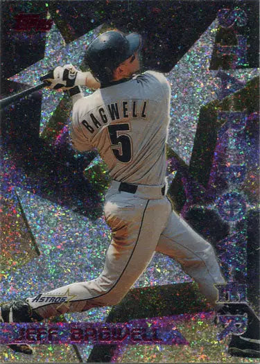 Baseball player in mid-swing wearing Bagwell 5 jersey on Topps Star Power Sparkle Insert Card