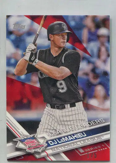 Baseball card of DJ LeMahieu at bat, Topps 2018 Mini Purple Parallel, Colorado Rockies