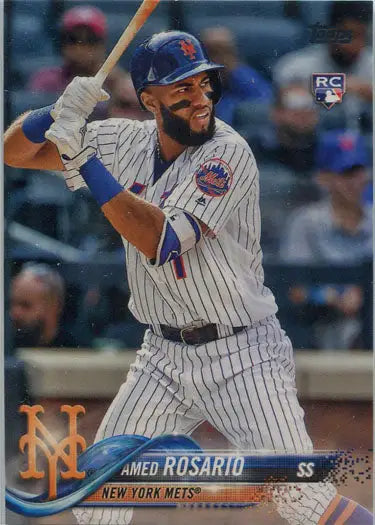 Baseball player in New York Mets uniform at bat for Topps Baseball complete sets base