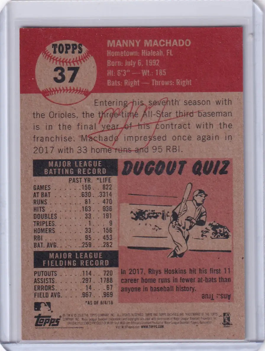 Topps Baseball Living Set #37 featuring Manny Machado with stats and Dugout Quiz