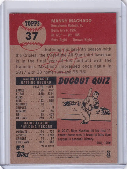 Topps Baseball Living Set #37 featuring Manny Machado with stats and Dugout Quiz