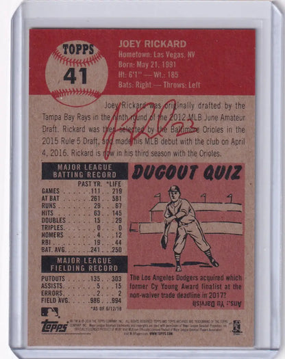 Topps Baseball Living Set #41 Joey Rickard trading card with stats and biography