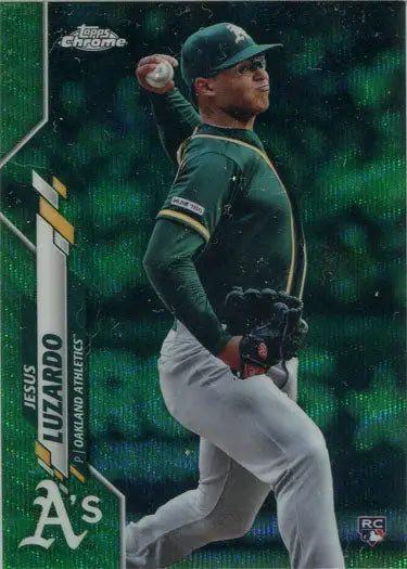 Baseball player in Oakland Athletics uniform throwing pitch on Green Wave Refractor card