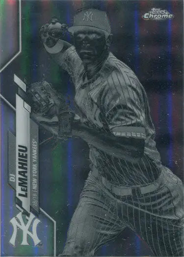 Baseball player in New York Yankees uniform pitching on Topps Chrome Negative Parallel Card