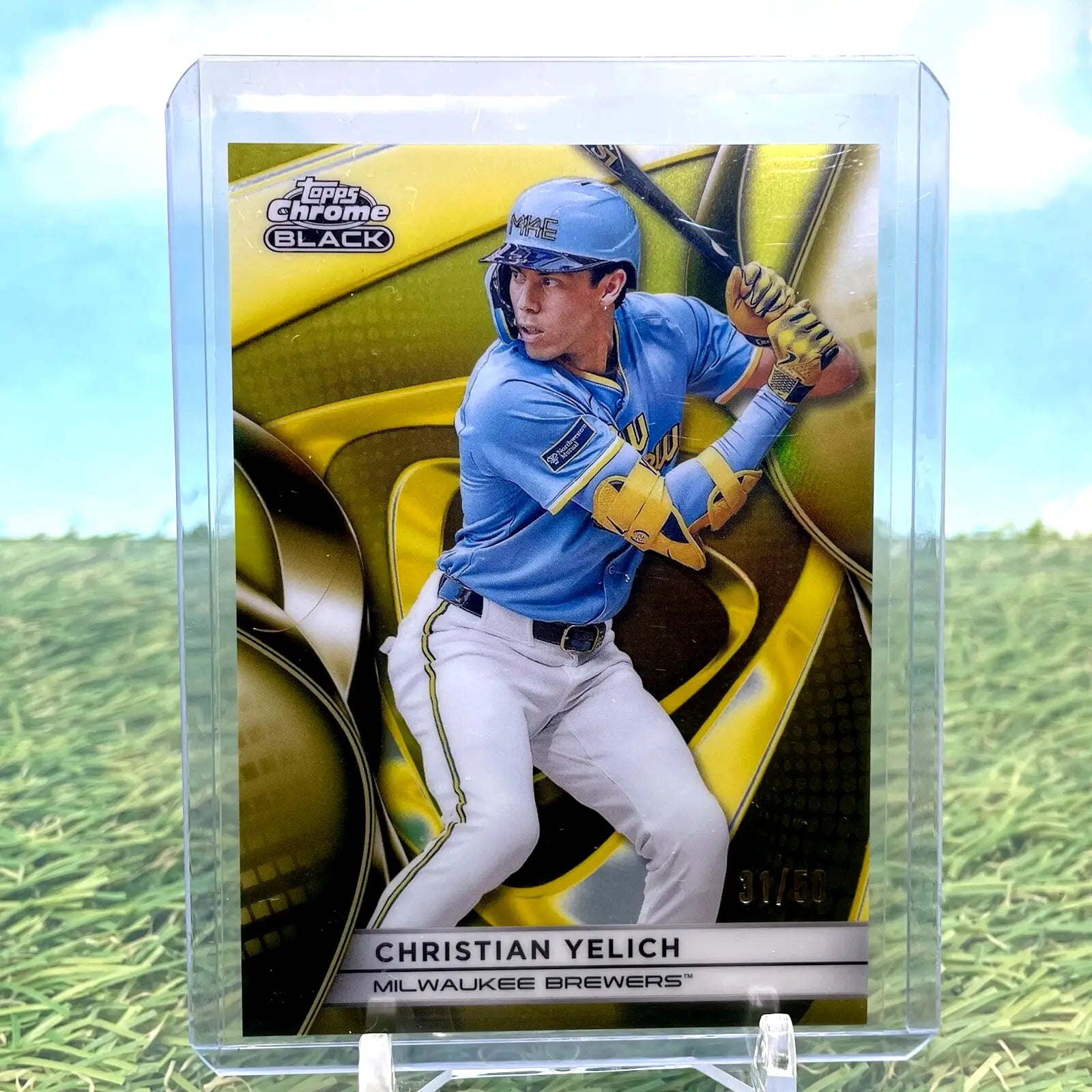 Christian Yelich baseball card from Topps Chrome Black 2025 Gold Refractor /50 Brewers