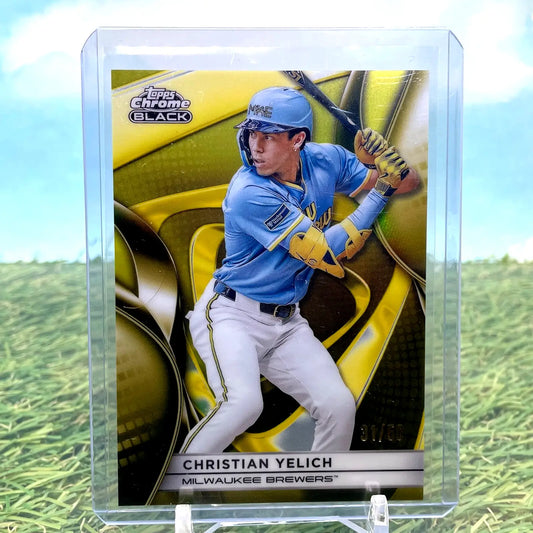 Christian Yelich baseball card from Topps Chrome Black 2025 Gold Refractor /50 Brewers