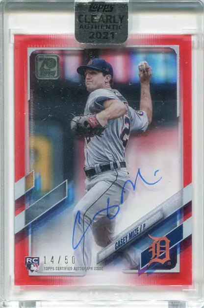Signed Casey Mize Topps Clearly Authentic Baseball Card with red border, 14/50 edition