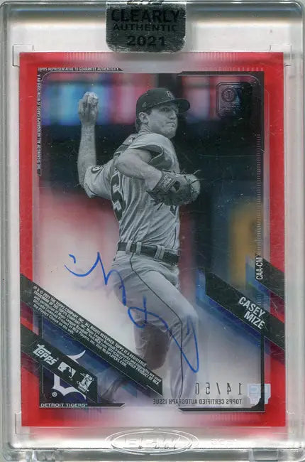 Baseball trading card of Casey Mize in throwing motion with red border and autograph