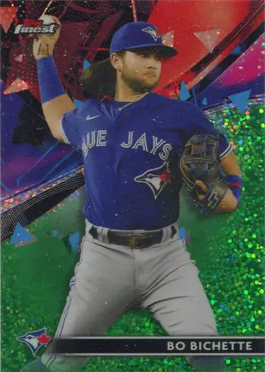 Baseball player in Blue Jays uniform mid-pitch on Topps Finest 2021 Refractor Card